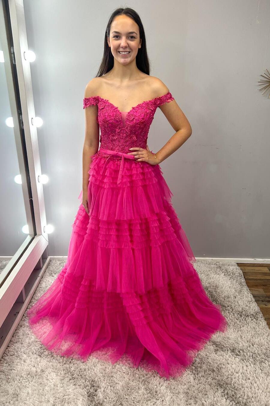 Off the Shoulder Fuchsia Appliques Tiered Ruffles Gown