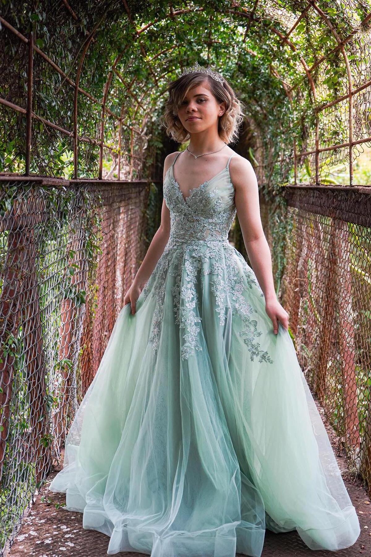 Straps Sage Green Appliques Tulle Long Formal Dress – Dressesforparty