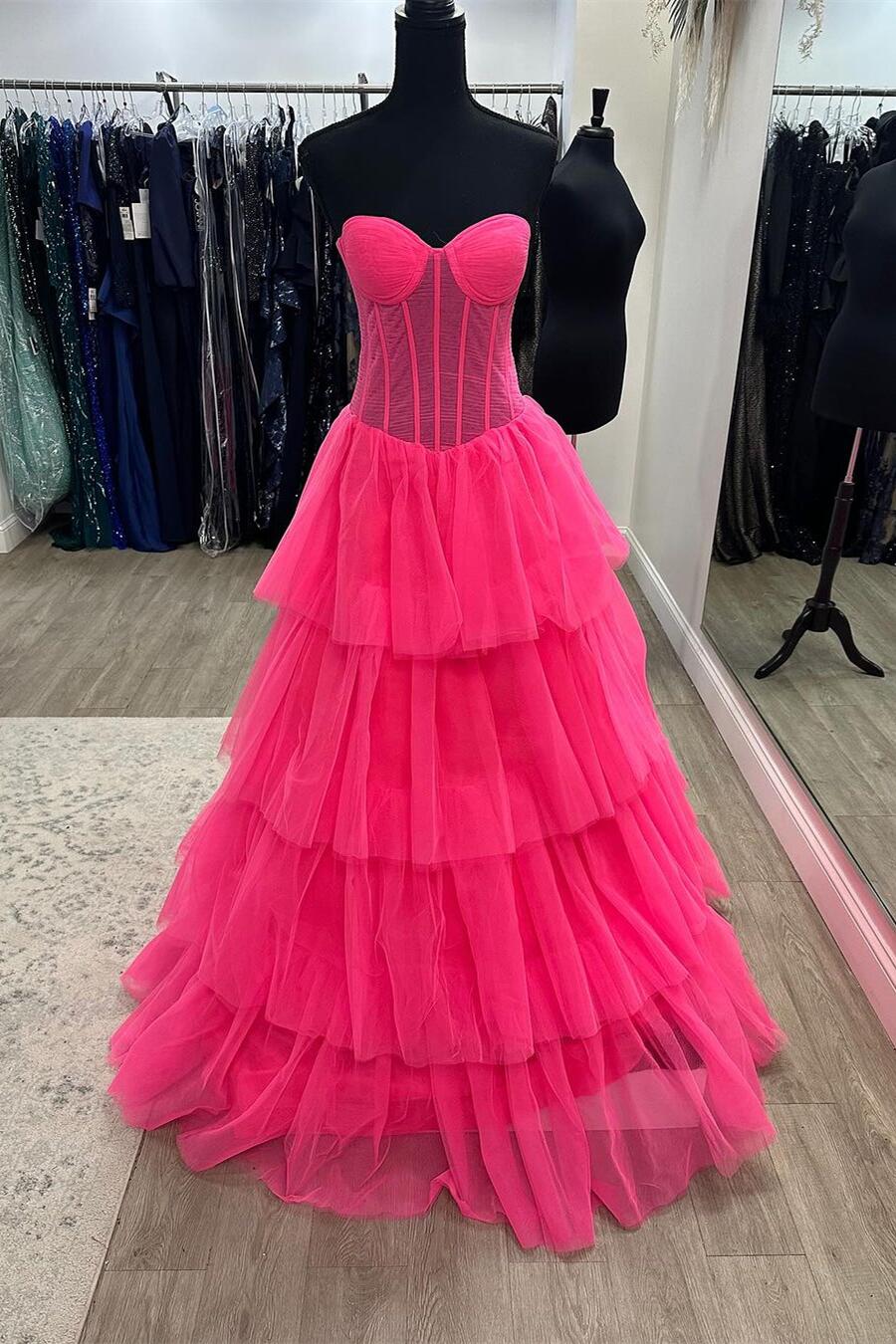Hot Pink Corset Sweetheart Tiered Ruffles Long Prom Dress