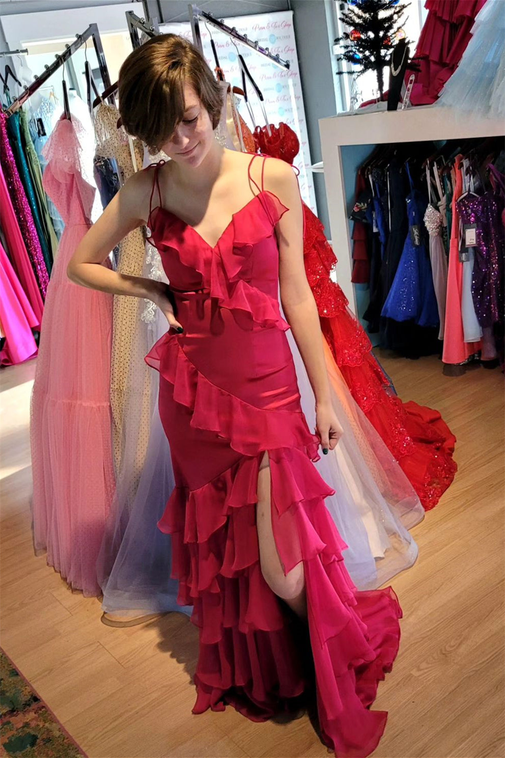 Straps Fuchsia Mermaid Ruffles Long Prom Dress – Dressesforparty