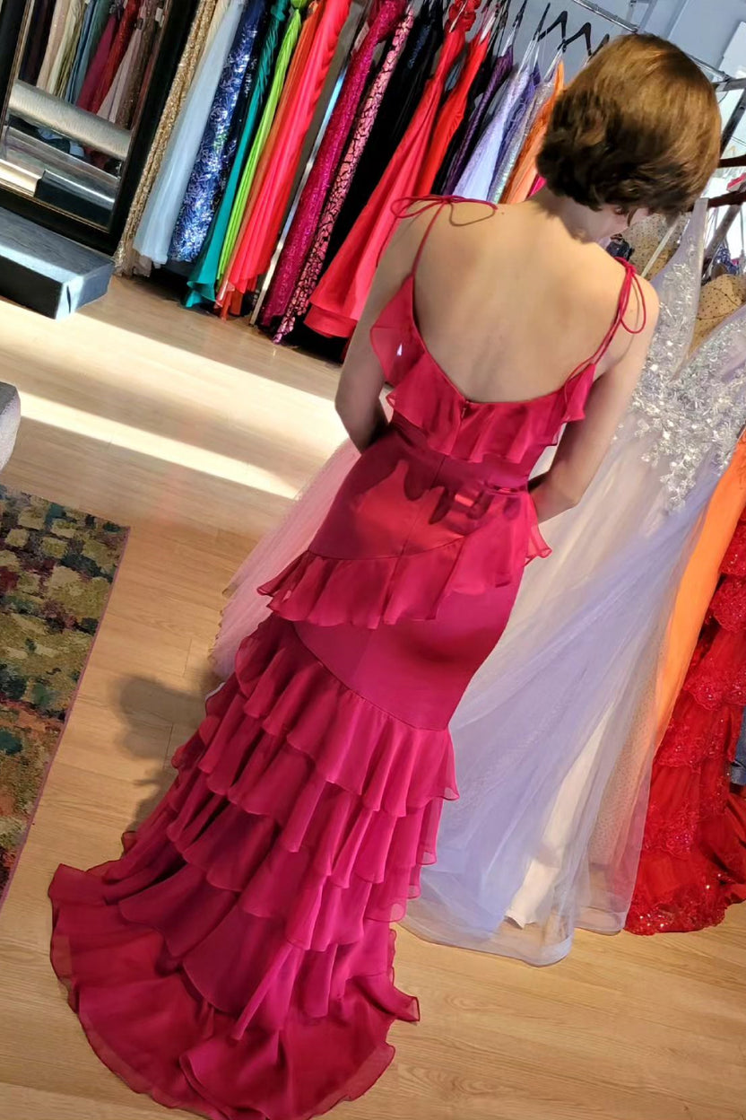 Straps Fuchsia Mermaid Ruffles Long Prom Dress – Dressesforparty