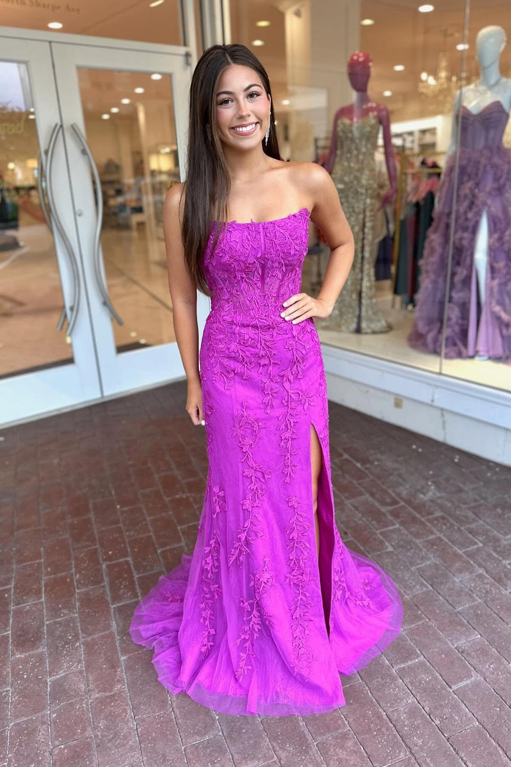 Unique Pink Lace Mermaid Prom Dress with Detachable Off Shoulder Chiffon Sleeves,OLP2121