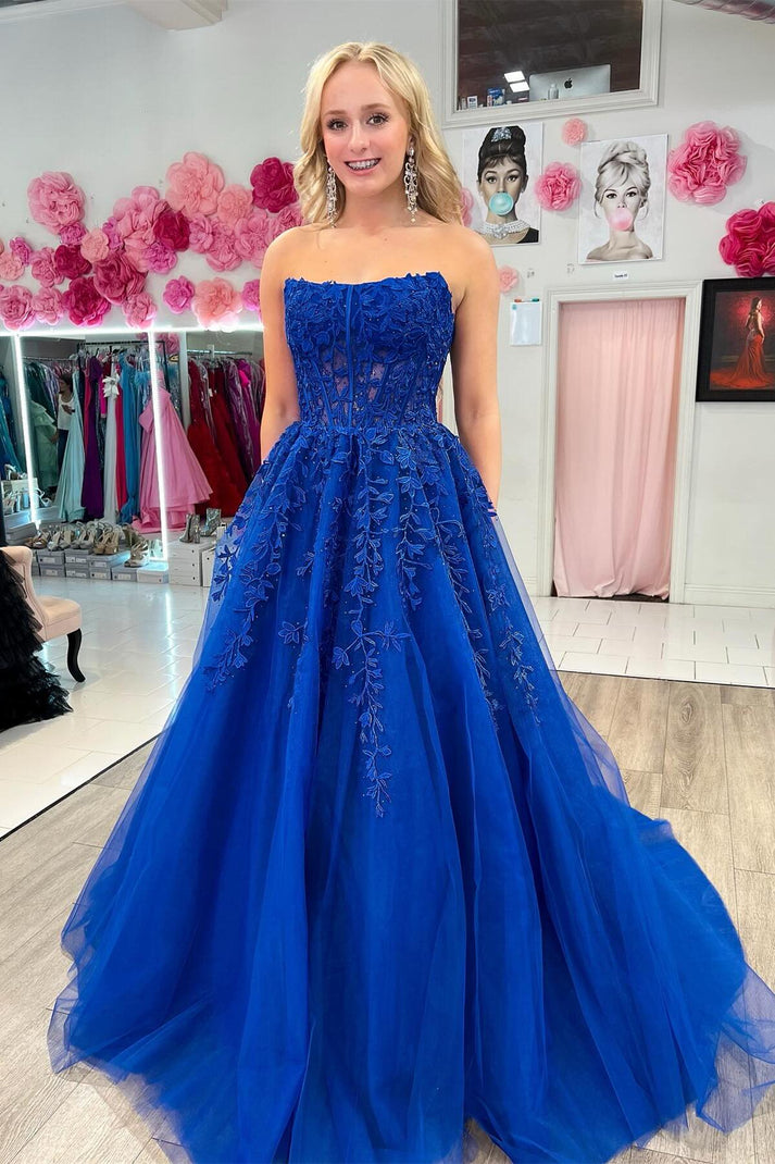 Strapless Light Blue Lace Appliques Long Formal Dress – Dressesforparty
