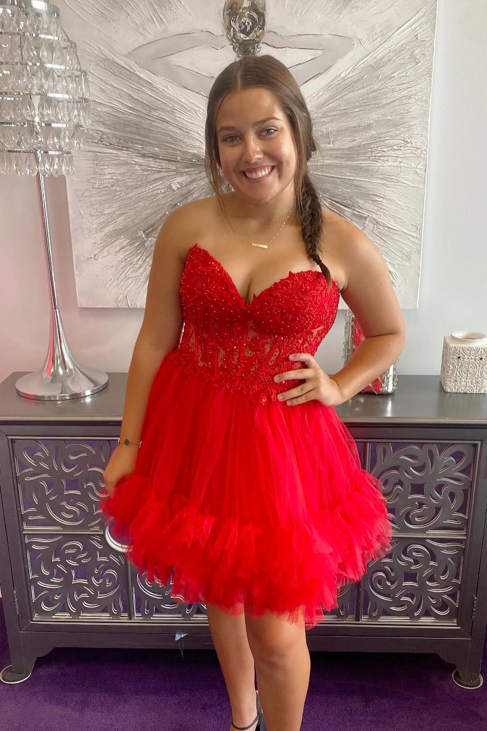 fitted lace wedding dress Red Off the Shoulder Sheer Corset Tiered Ruffles Homecoming Dress –  FancyVestido