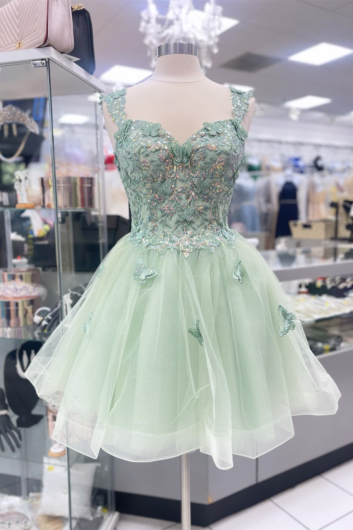 Sage Green Butterfly Appliques A-line Short Homecoming Dress