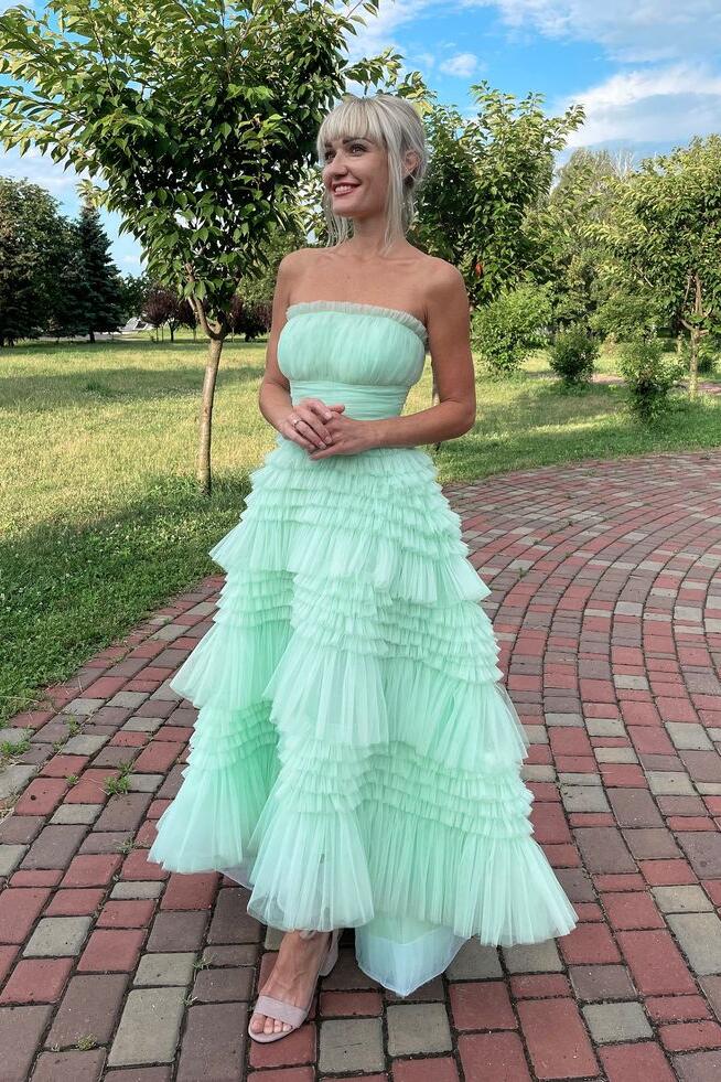 Strapless Mint Green High-low Tiered Ruffles Gown