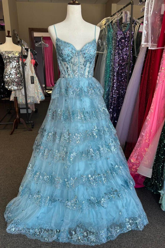 Straps Blue Sequin Tulle Ruffles Formal Dress