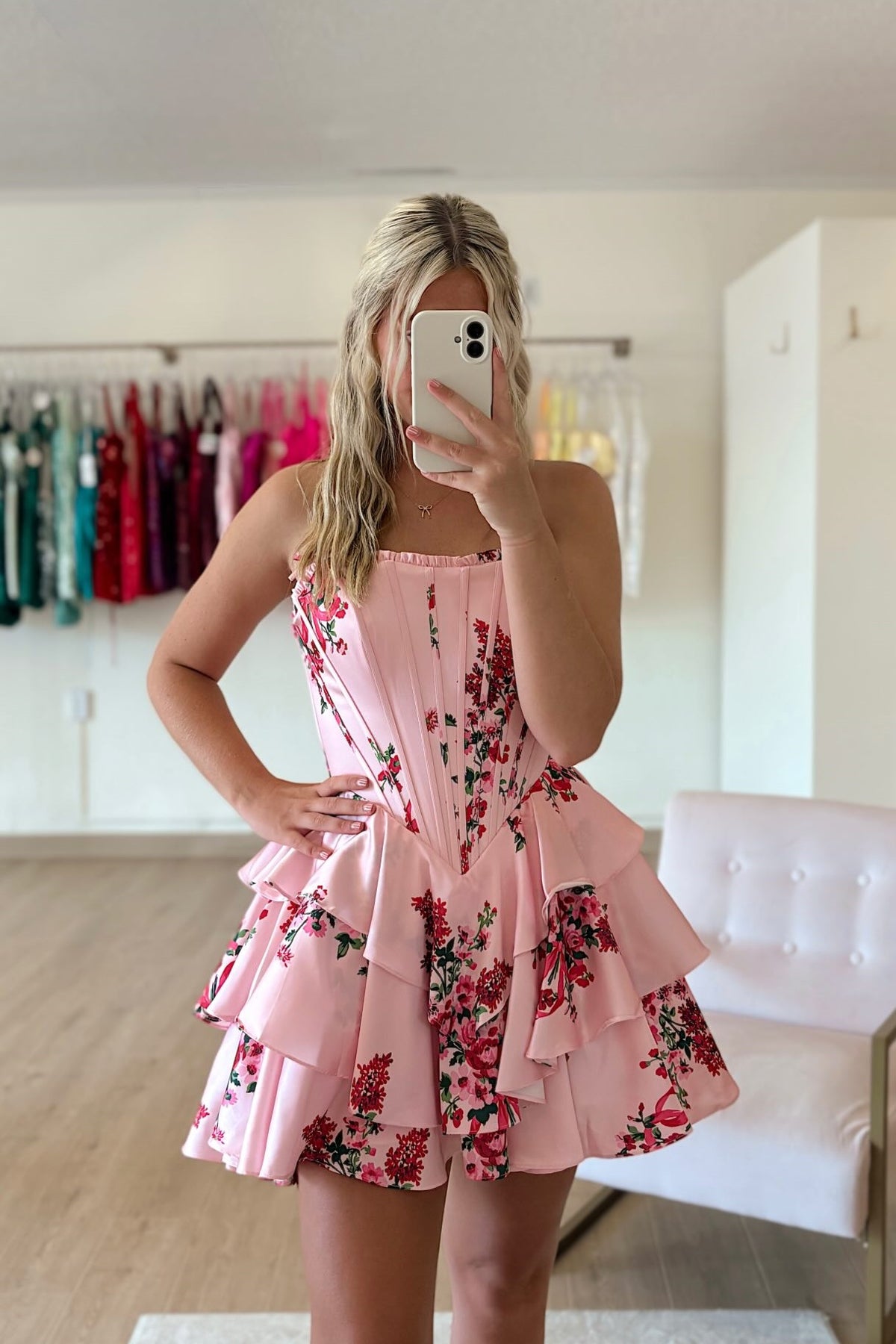 Pink Satin Floral A-Line Short Dress