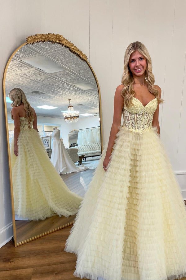 Sweetheart Bungurdy Tiered Lace Prom Dresses | Simple Cap Sleeves A-Line Evening Dresses