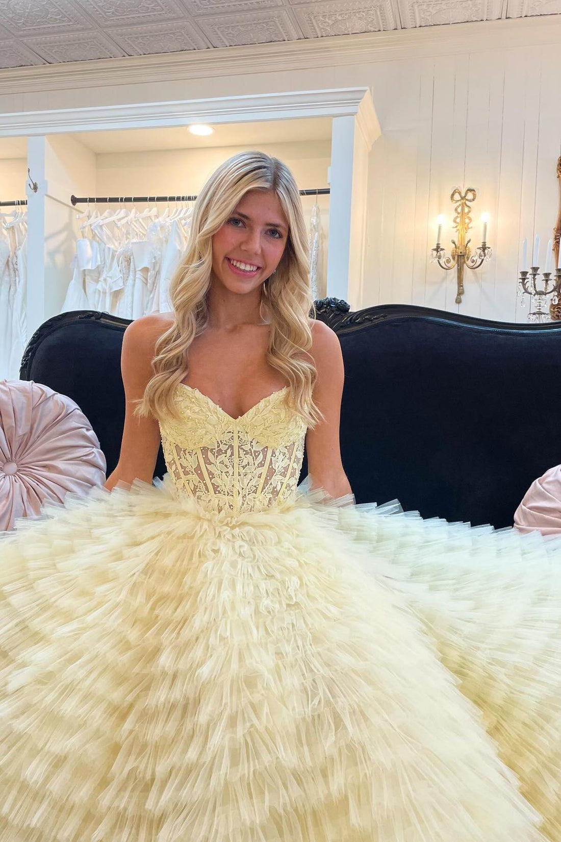 Sweetheart Ruffle Tiered Tulle Long Prom Dresses with Slit