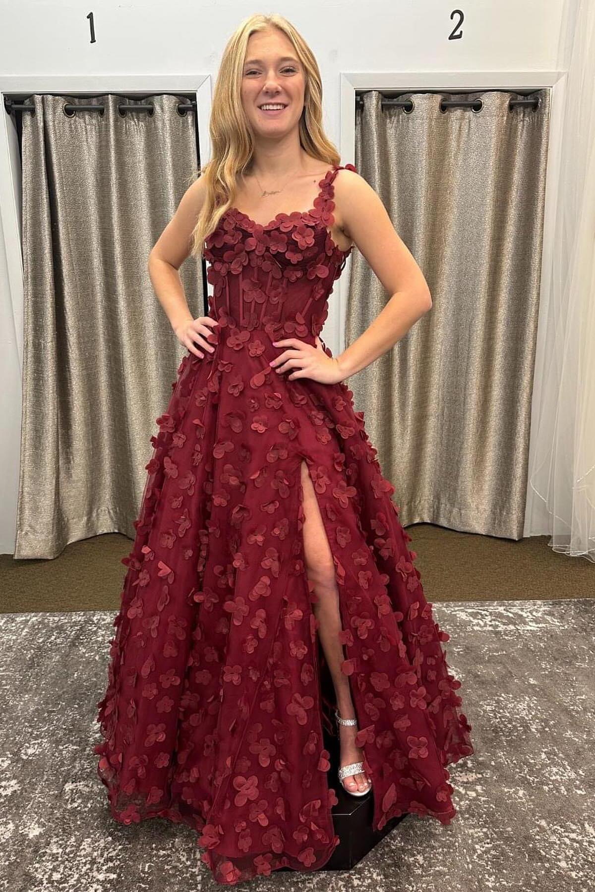 Burgundy 3D Flowers A-line Long Formal Gown