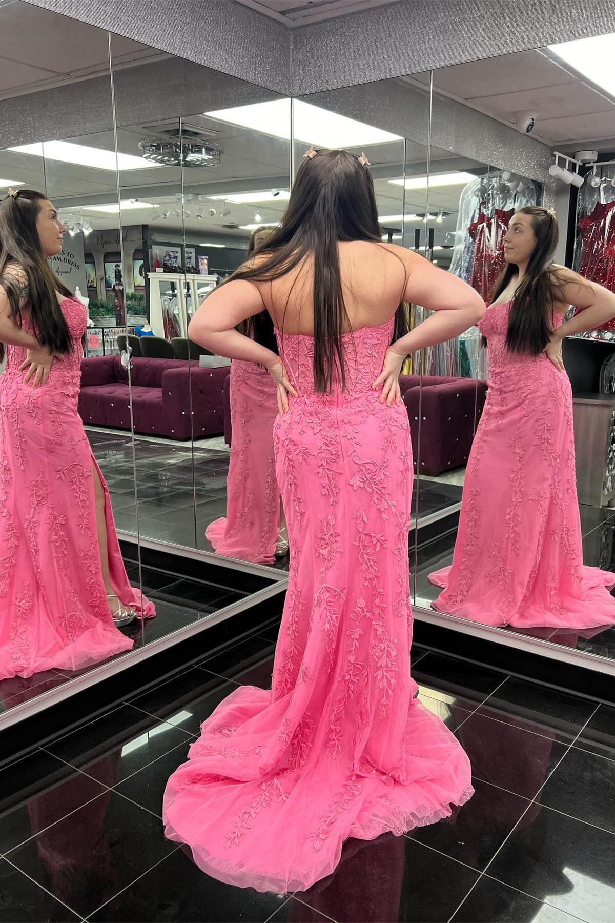 Strapless Sweetheart Neck Mermaid Pink Lace Short Prom Dresses, Pink Lace Homecoming Dresses