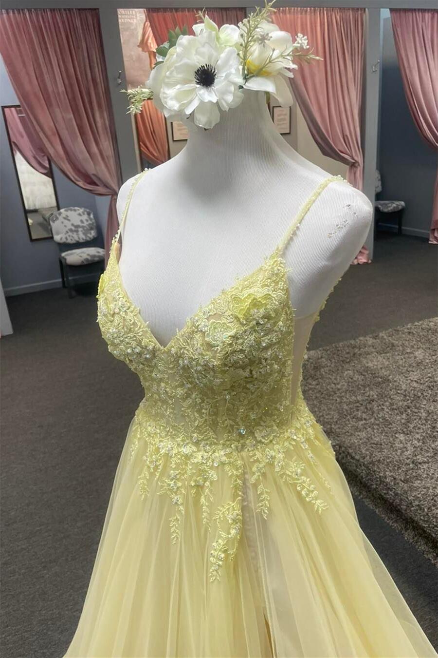 Straps Yellow Lace Appliques A-line Long Formal Dress