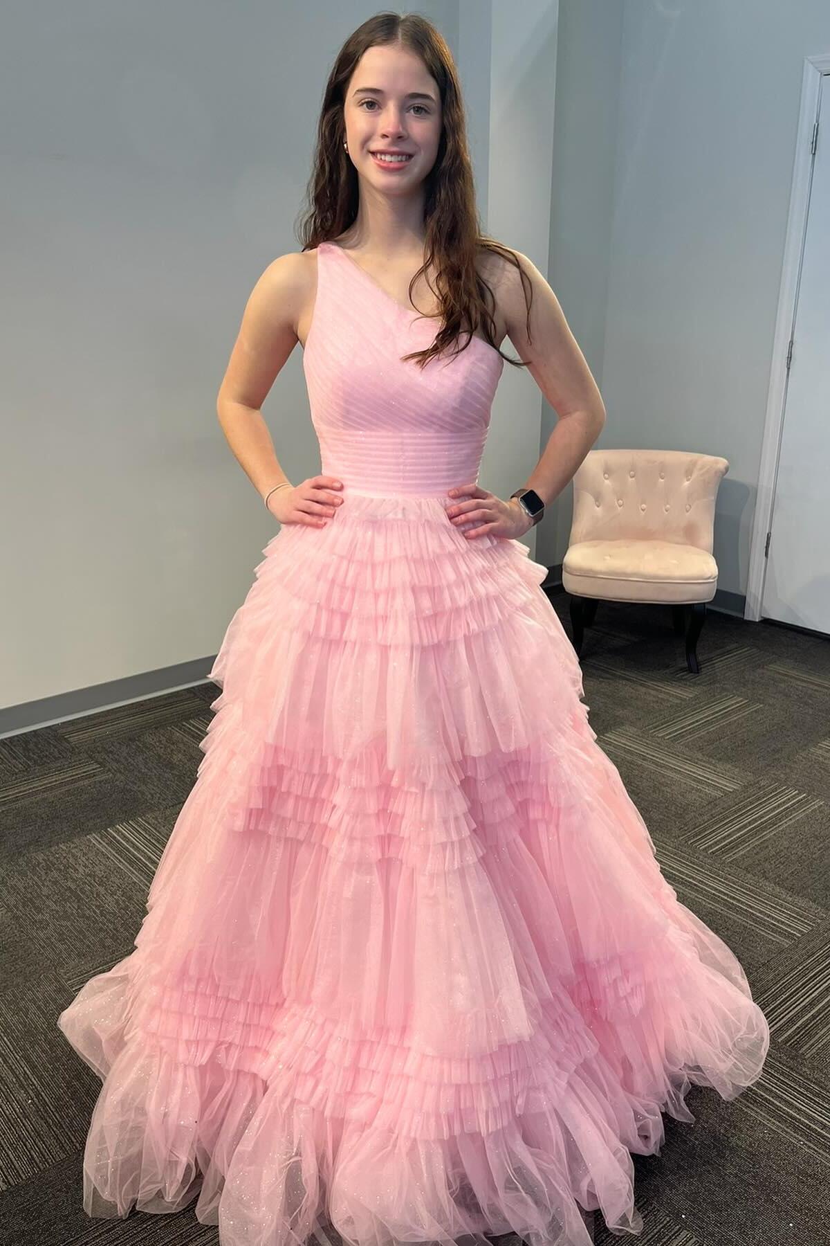 One Shoulder Pink Ruffles A-line Long Formal Dress