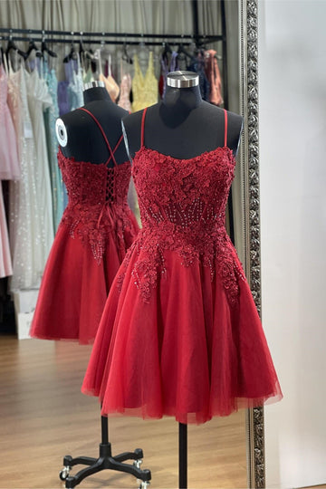 Lace Appliqued Red Short Homecoming Dress VMH22