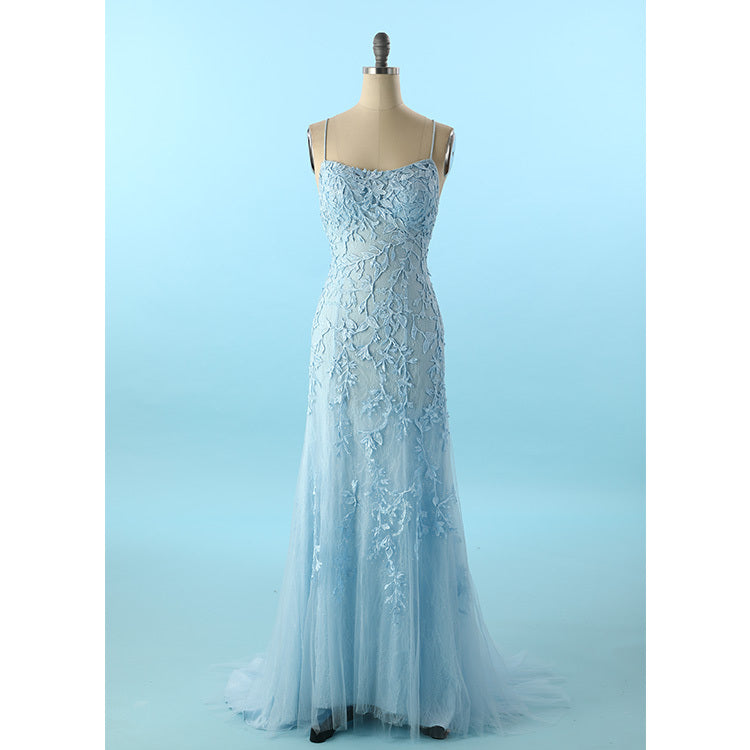 Sky Blue Lace Mermaid Long Prom Dress