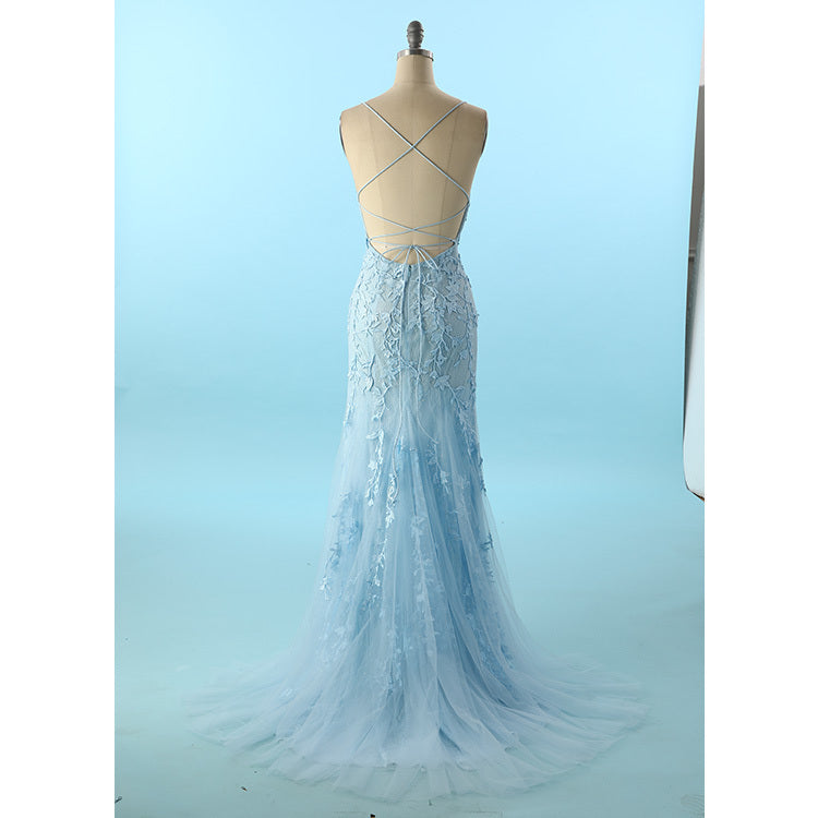 Sky Blue Lace Mermaid Long Prom Dress