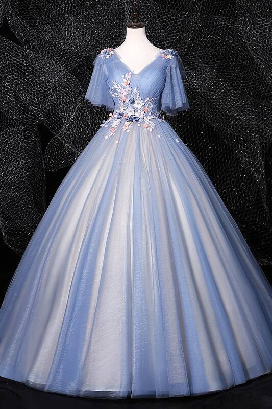 3D Floral Blue Ball Gown with Flare Sleeves 
