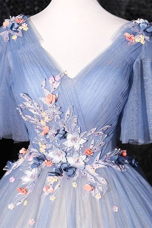 3D Floral Blue Ball Gown with Flare Sleeves 