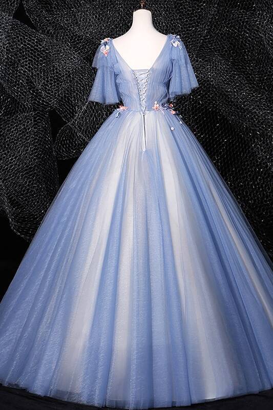 3D Floral Blue Ball Gown with Flare Sleeves 