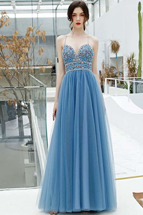 A-line Blue Tulle Formal Dress with Beads 