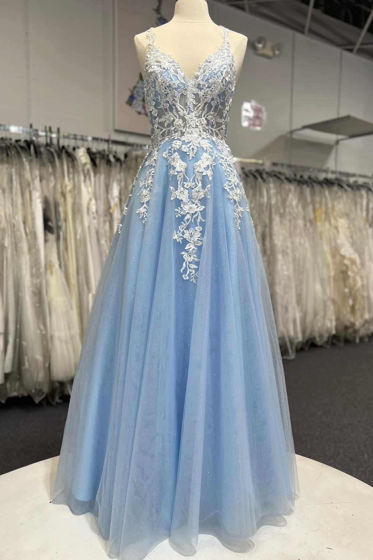 A-line Blue Tulle and White Lace Long Prom Dress