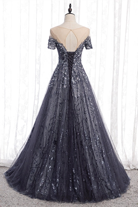 A-line Grey Appliques Long Formal Gown