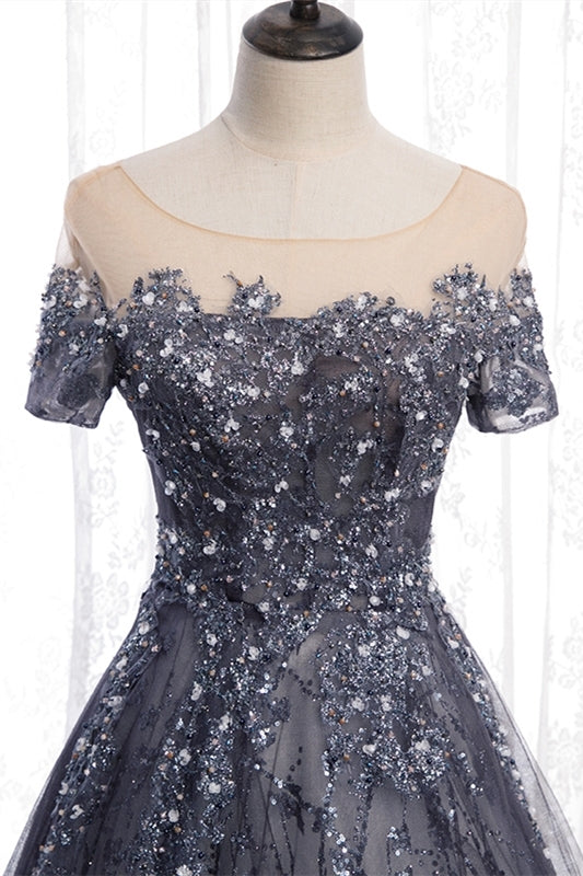 A-line Grey Appliques Long Formal Gown