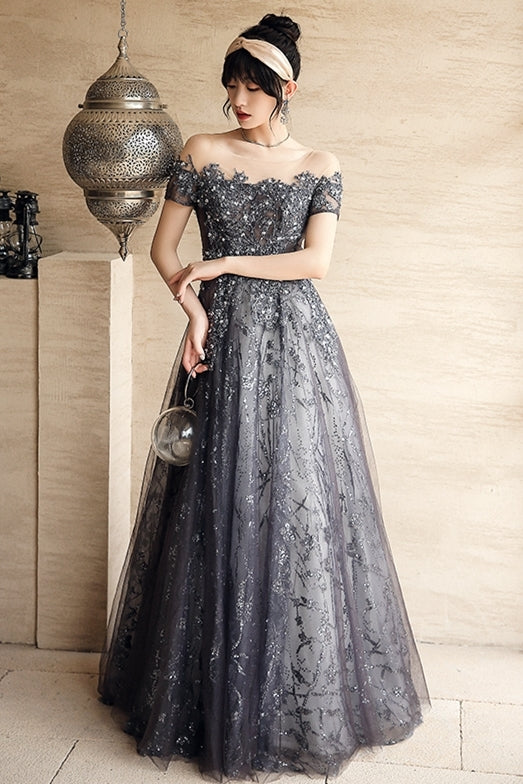 A-line Grey Appliques Long Formal Gown