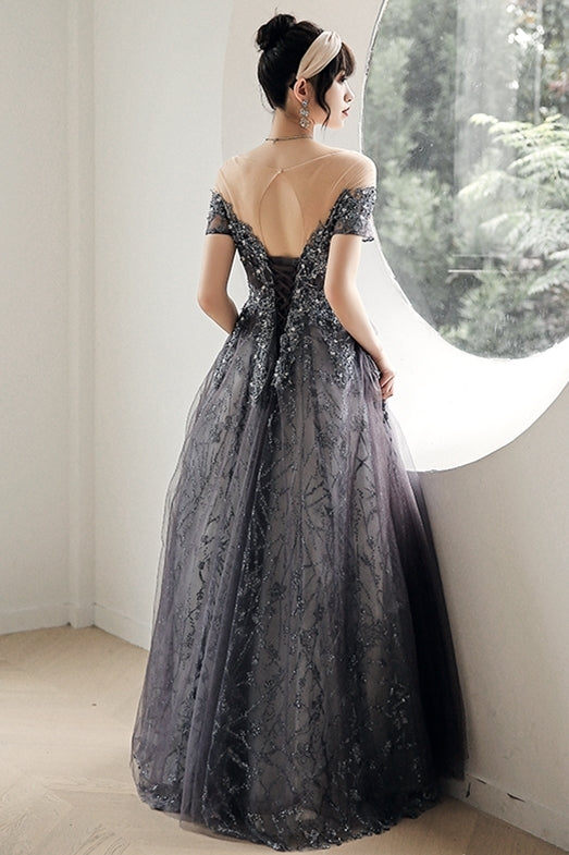 A-line Grey Appliques Long Formal Gown