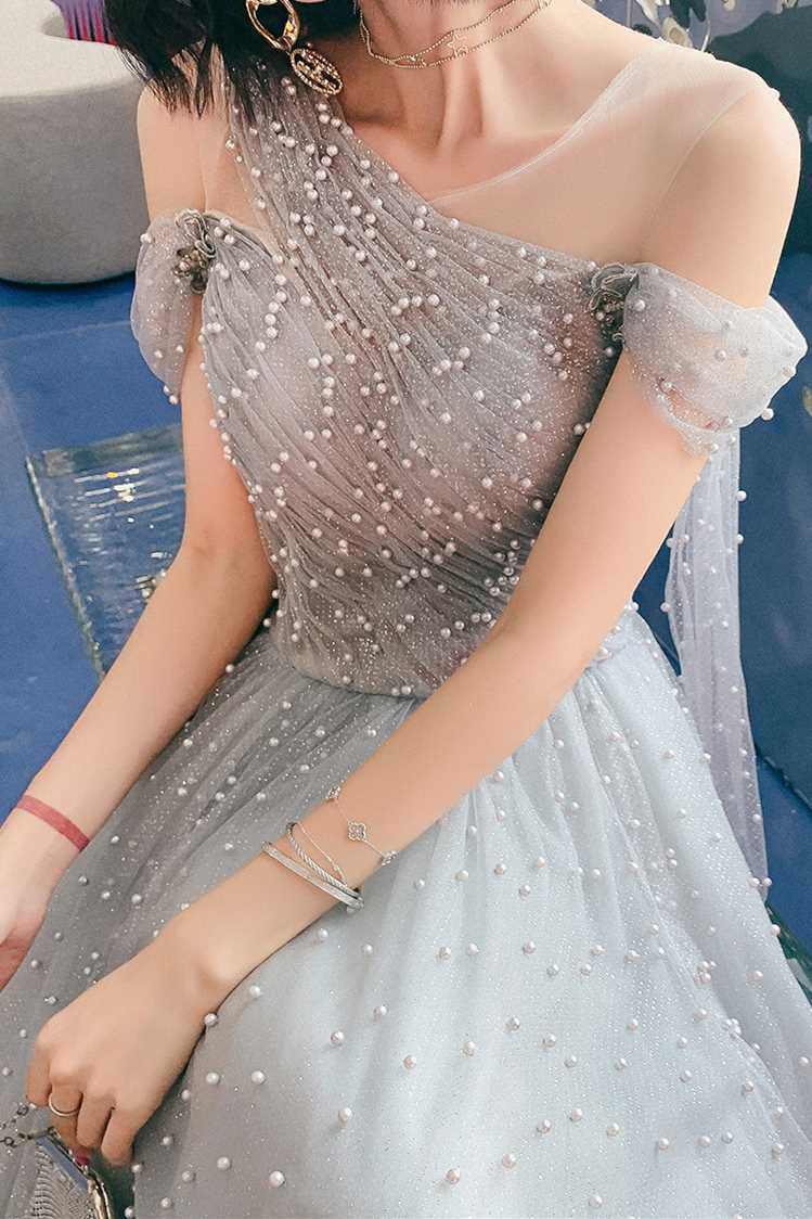 A-line Grey Tulle Long Prom Dress with Pearls