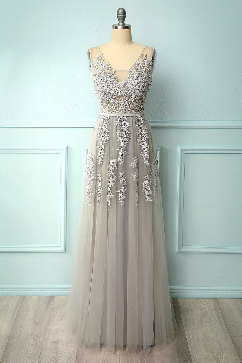 A-line Grey Tulle and Lace Long Formal Dress