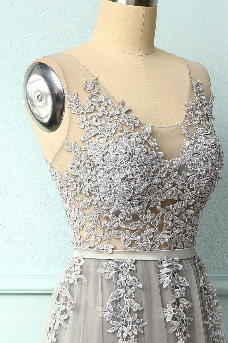 A-line Grey Tulle and Lace Long Formal Dress