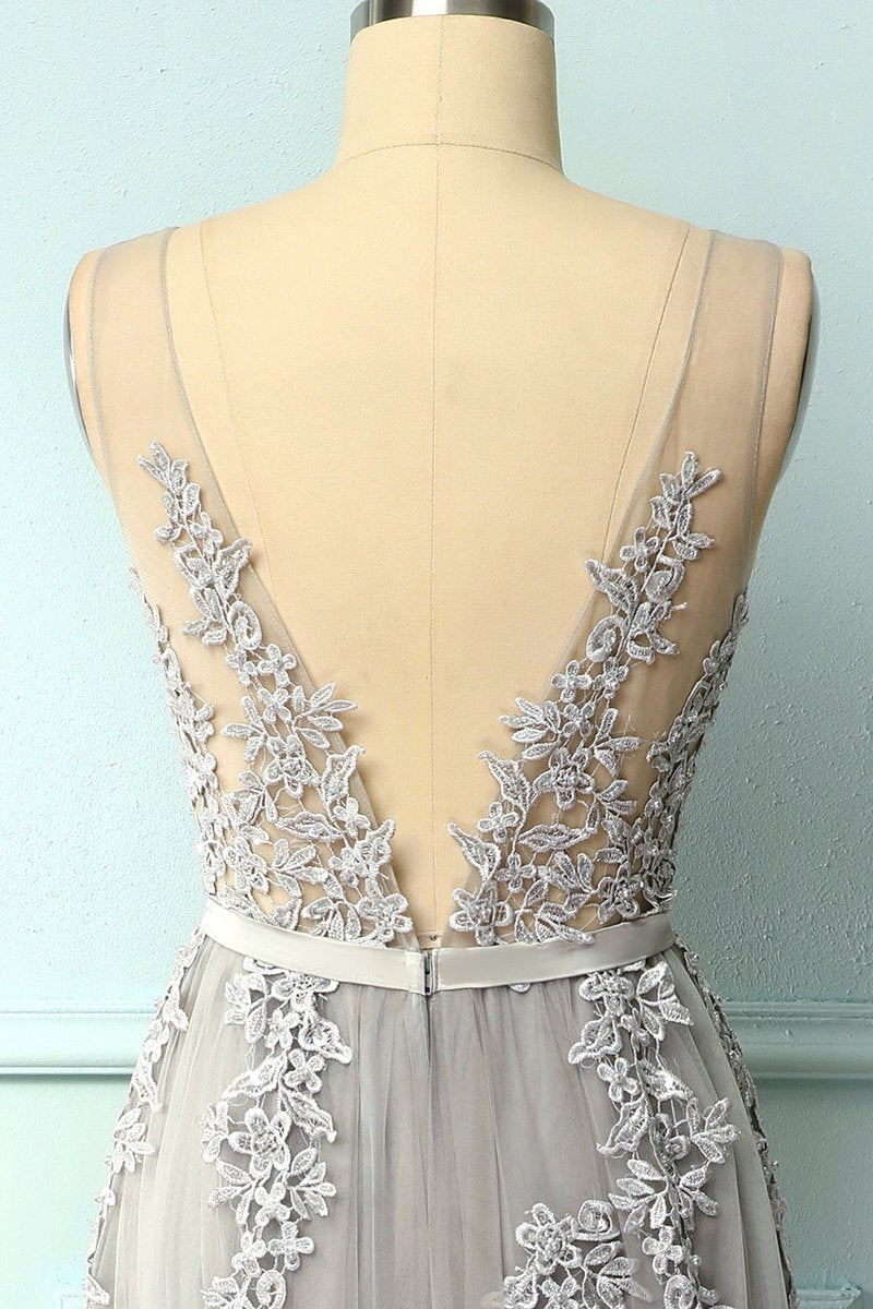 A-line Grey Tulle and Lace Long Formal Dress