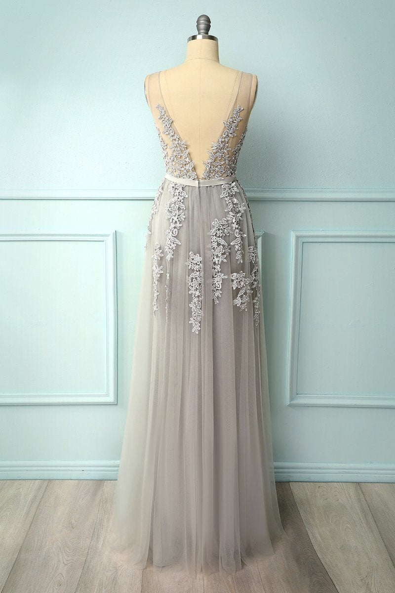 A-line Grey Tulle and Lace Long Formal Dress