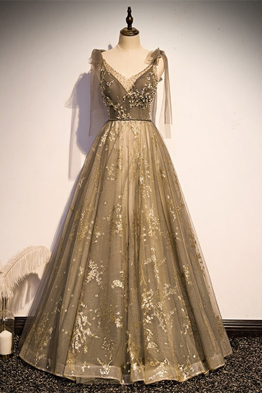 A-line Tulle Long Prom Dress with Tie Shoulders