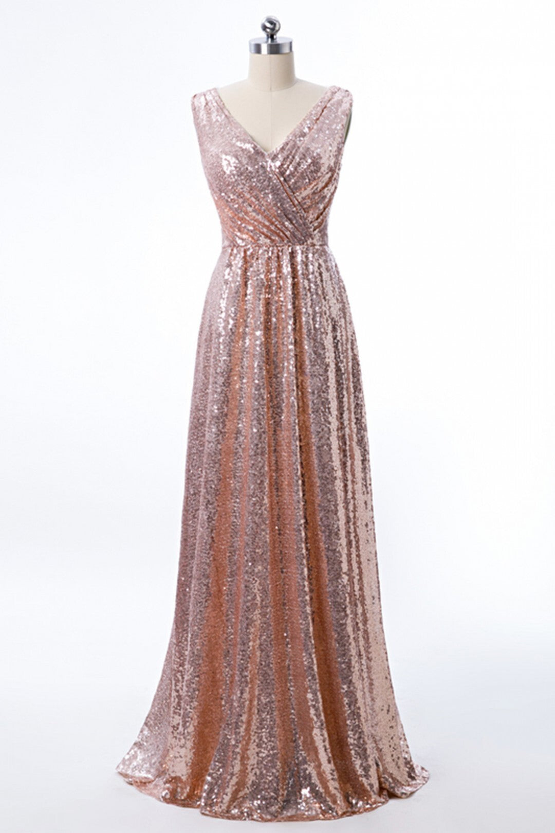 A-line Rose Gold Sequins Long Bridesmaid Dress
