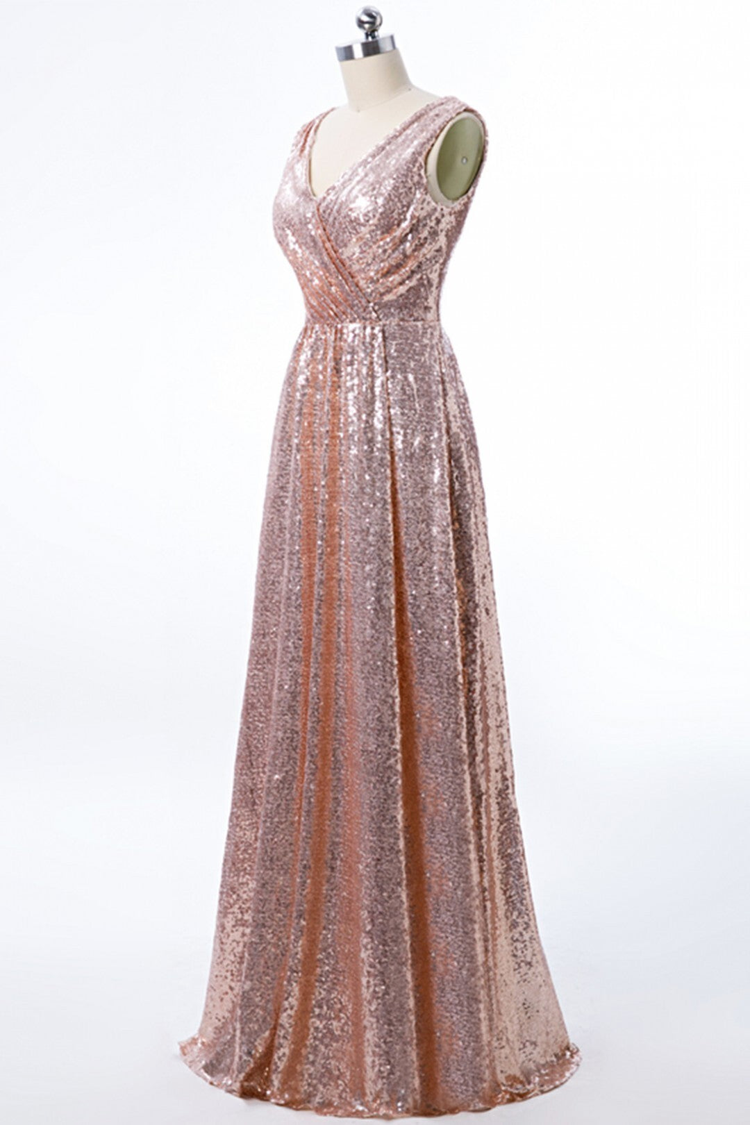 A-line Rose Gold Sequins Long Bridesmaid Dress