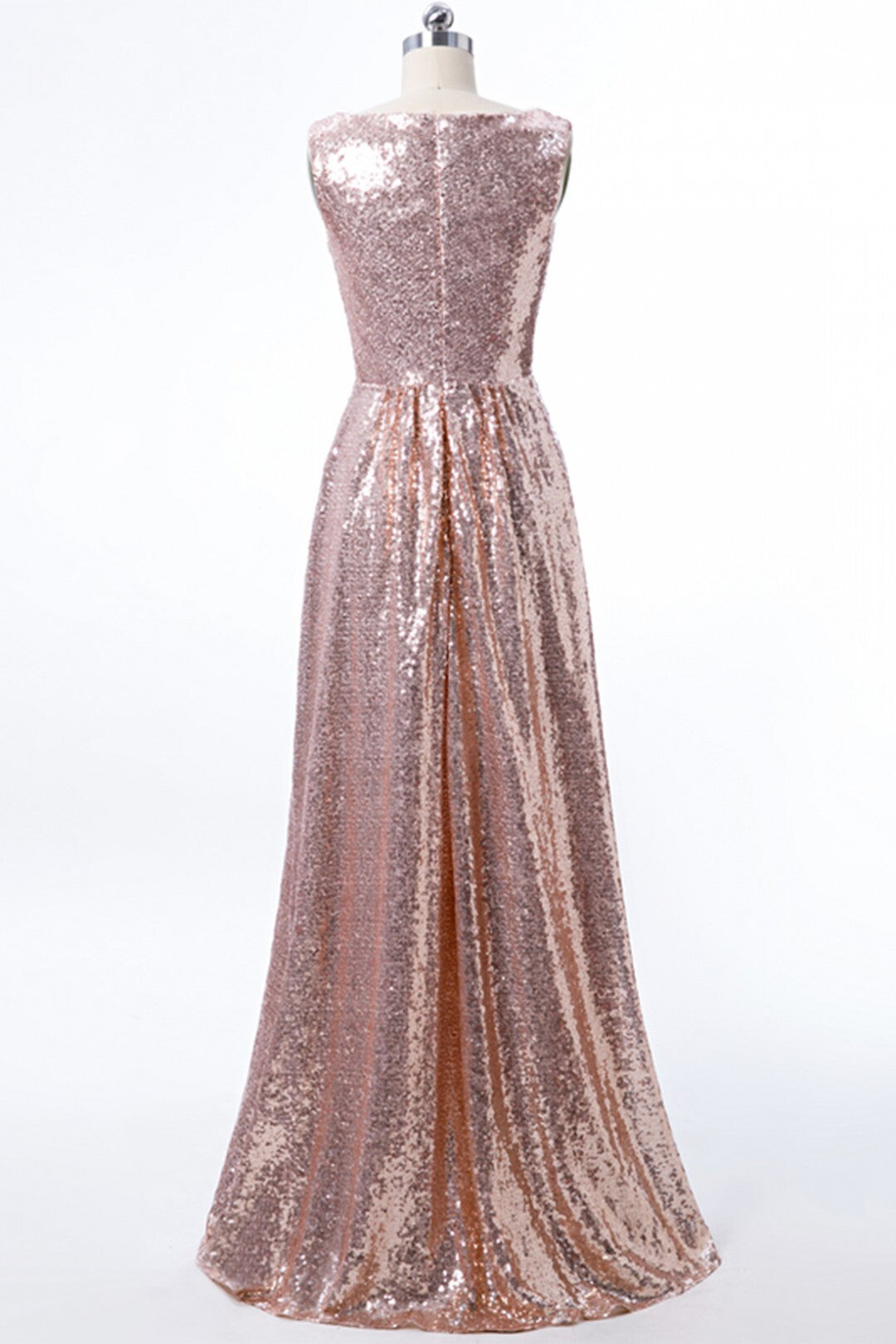 A-line Rose Gold Sequins Long Bridesmaid Dress