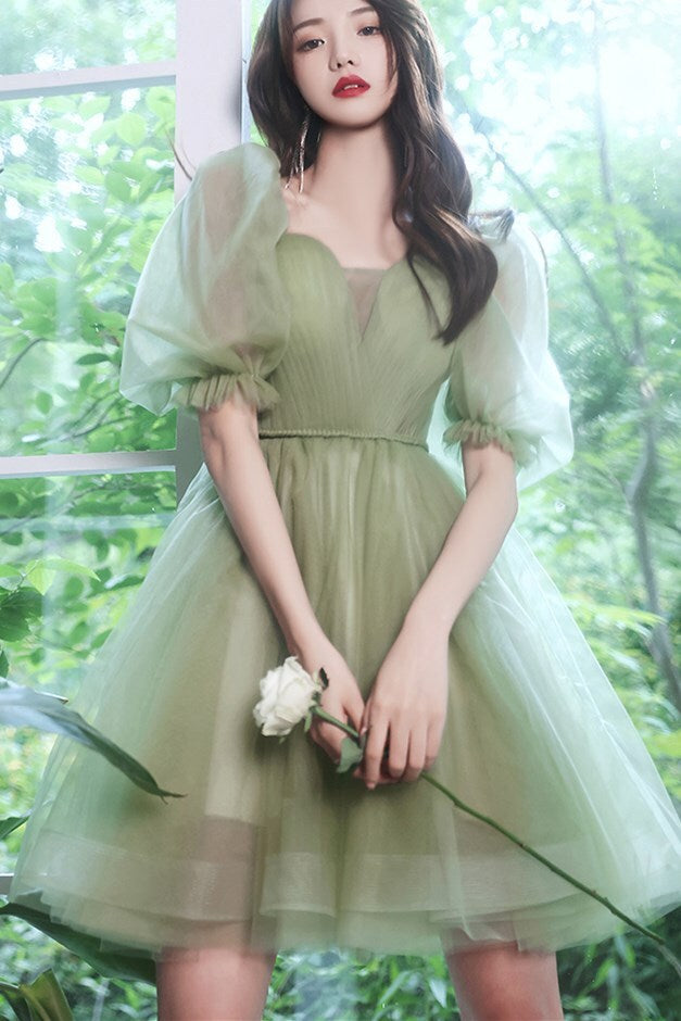 open lace back dress Avocado Green Short Puffy Sleeves Princess Party Dress – Dressesforparty