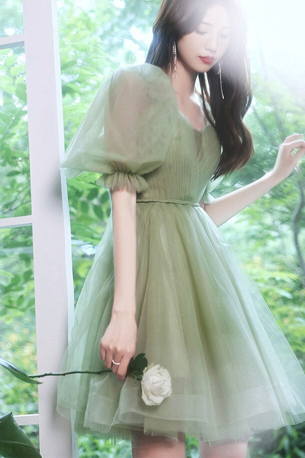 Avocado Green Short Puffy Sleeves Princess Party Dress