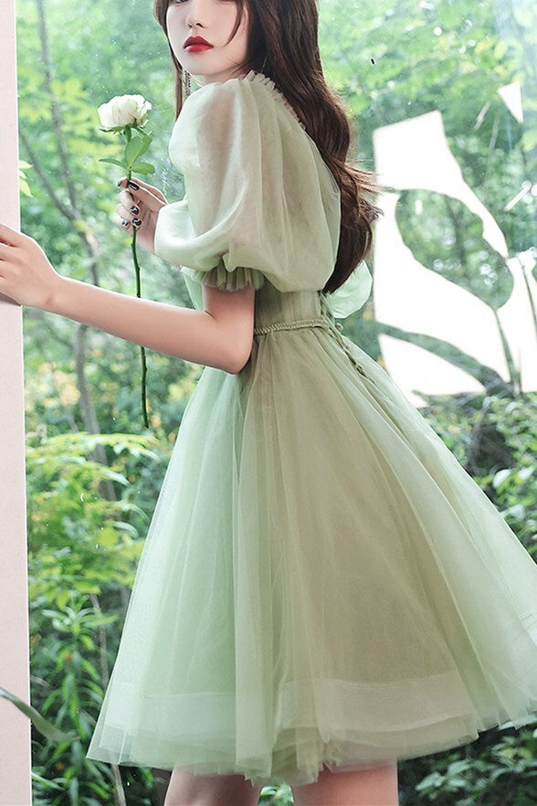 Avocado Green Short Puffy Sleeves Princess Party Dress