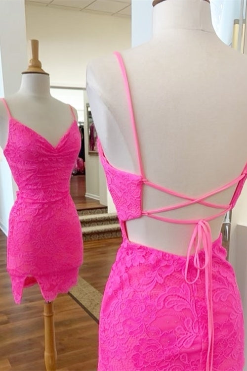 Barbie Pink Lace Strappy Bodycon Mini Dress