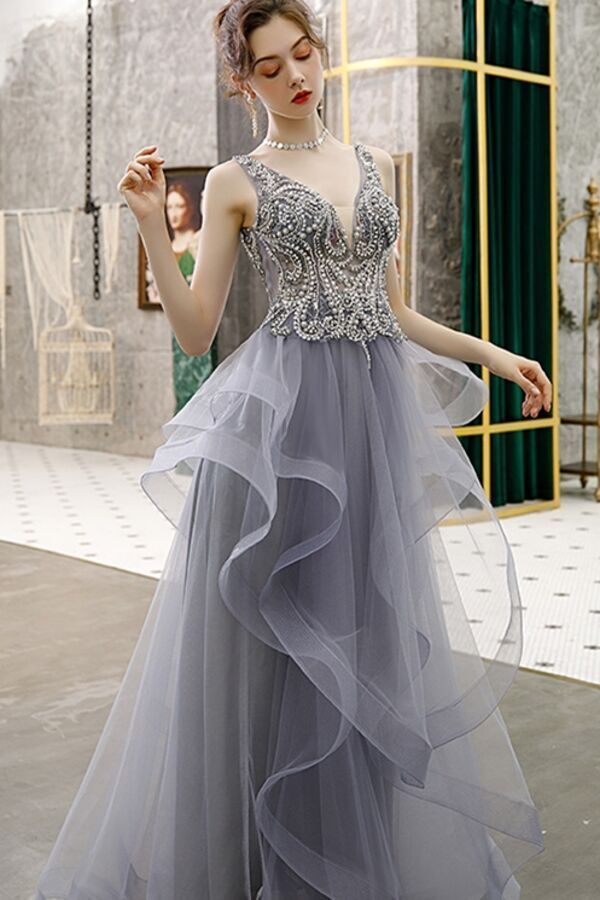 Stunning A-line Navy Blue Tiered Long Formal Gown