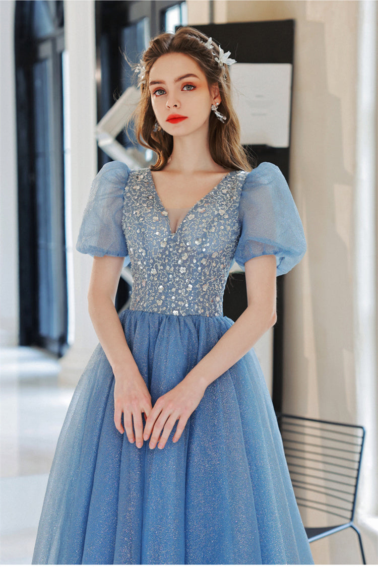 Beaded Blue A-line Short Sleeves Long Formal Dress