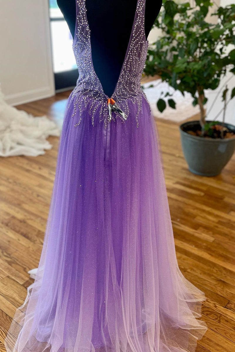 Beaded Purple Tulle A-line Long Formal Dress