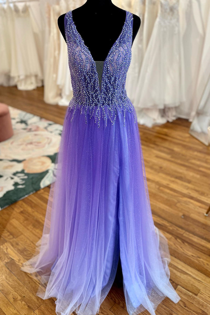 Beaded Purple Tulle A-line Long Formal Dress