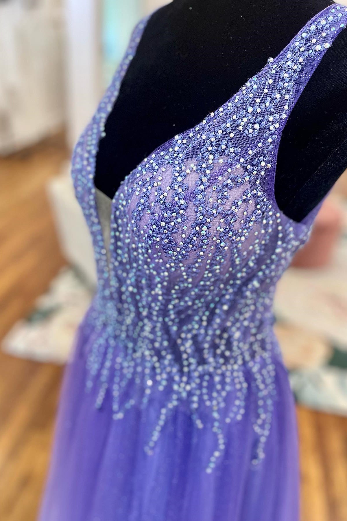 Beaded Purple Tulle A-line Long Formal Dress