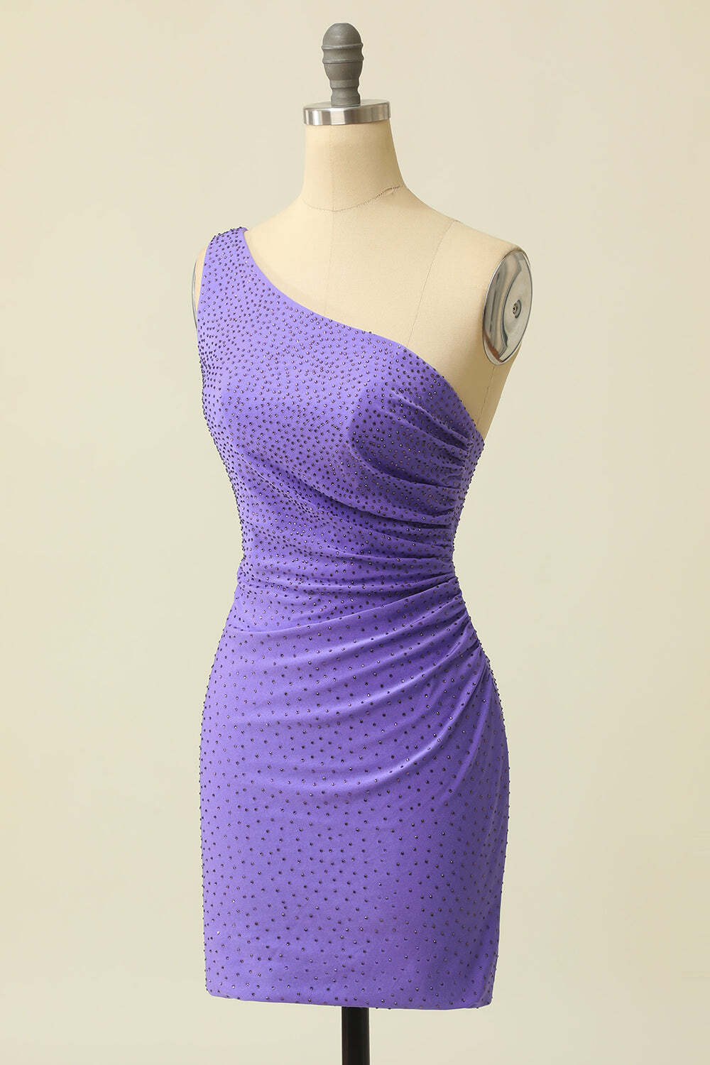 Beaded Purple One Shoulder Fitted Party Dress