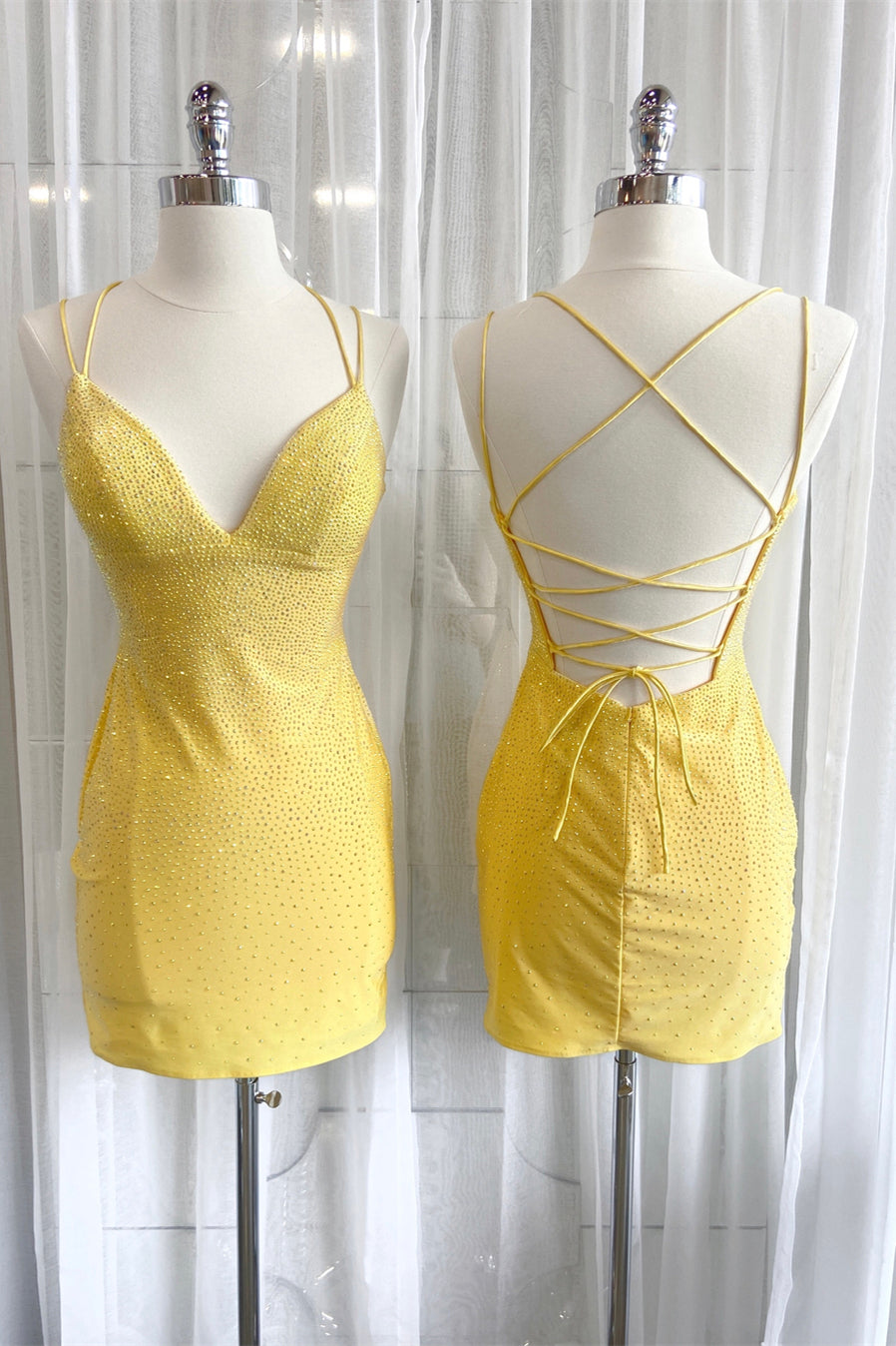 Beaded Yellow Bodycon Straps Mini Bodycon Party Dress